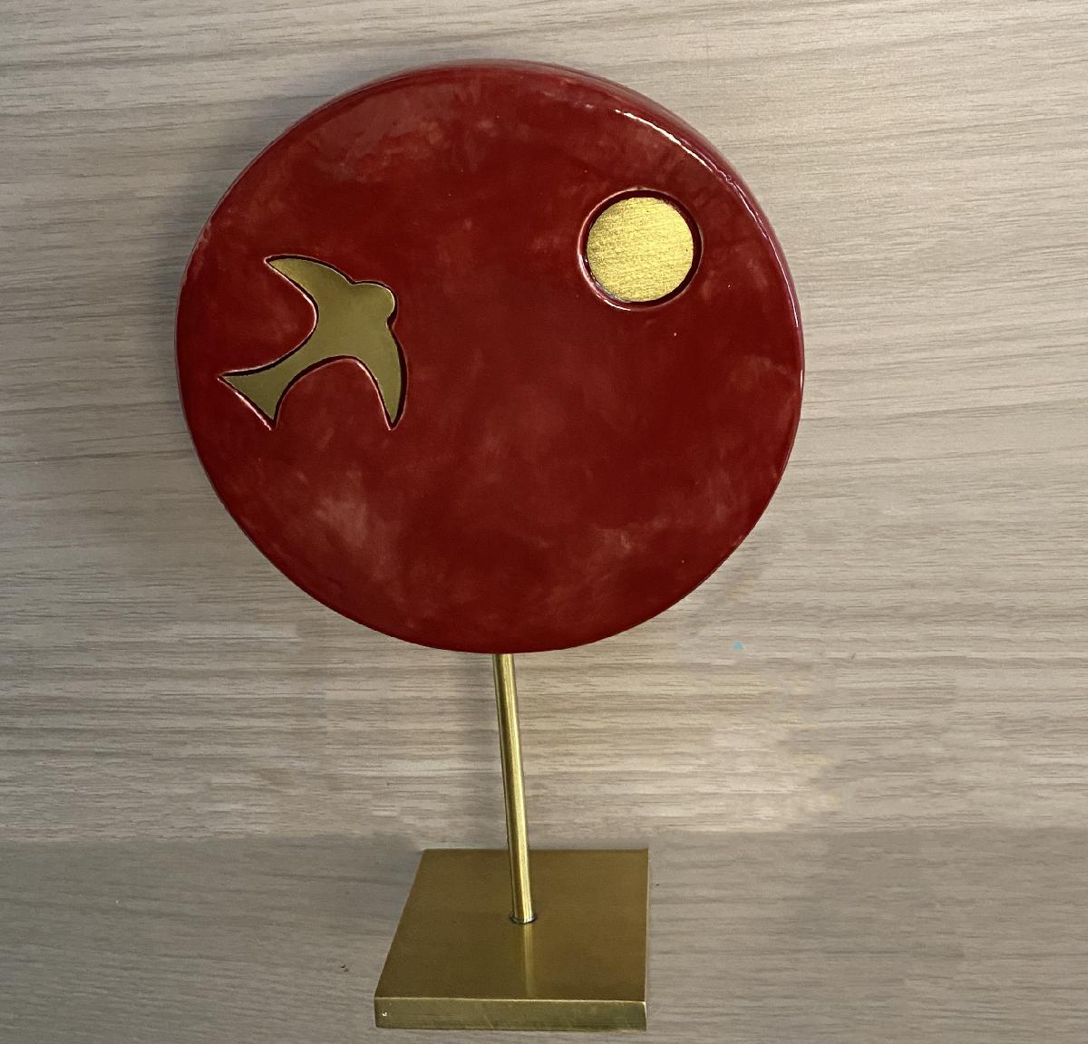 A bird flying towards the sun on a copper stand - Arbre a oiseau et soleil ceramique et cuivre